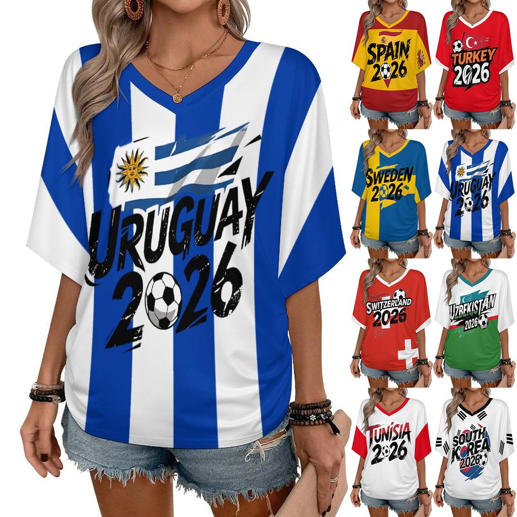 Womens V Neck Short Sleeve Pullover T Shirt Turkey 2026 Letter Print Casual Loose Fit Top for Football Supporters