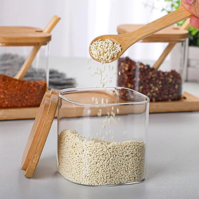 3pcs Set Glass Seasoning Jars with Bamboo Lid Spoon and Storage Tray Salt Sugar Spices Food Storage Container Kitchen Oraganizer