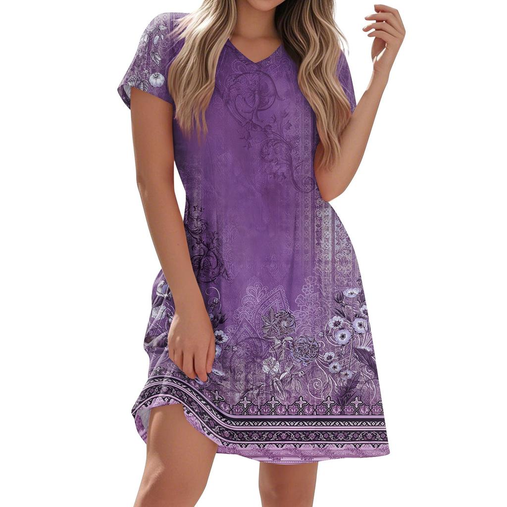 Женское модное повседневное платье с короткими рукавами и V-образным вырезом в винтажном цветочном стиле для домашнего отпуска