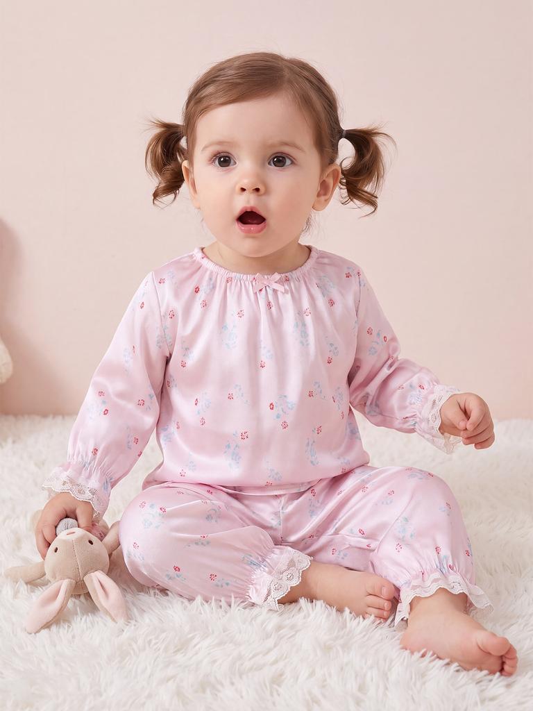 Toddler Girls Satin Pajama Set, Floral Print Long Sleeve Lace Trim Sleepwear, Silky Loungewear,6M-3T Baby Girls Pjs For Sleeping And Lounging