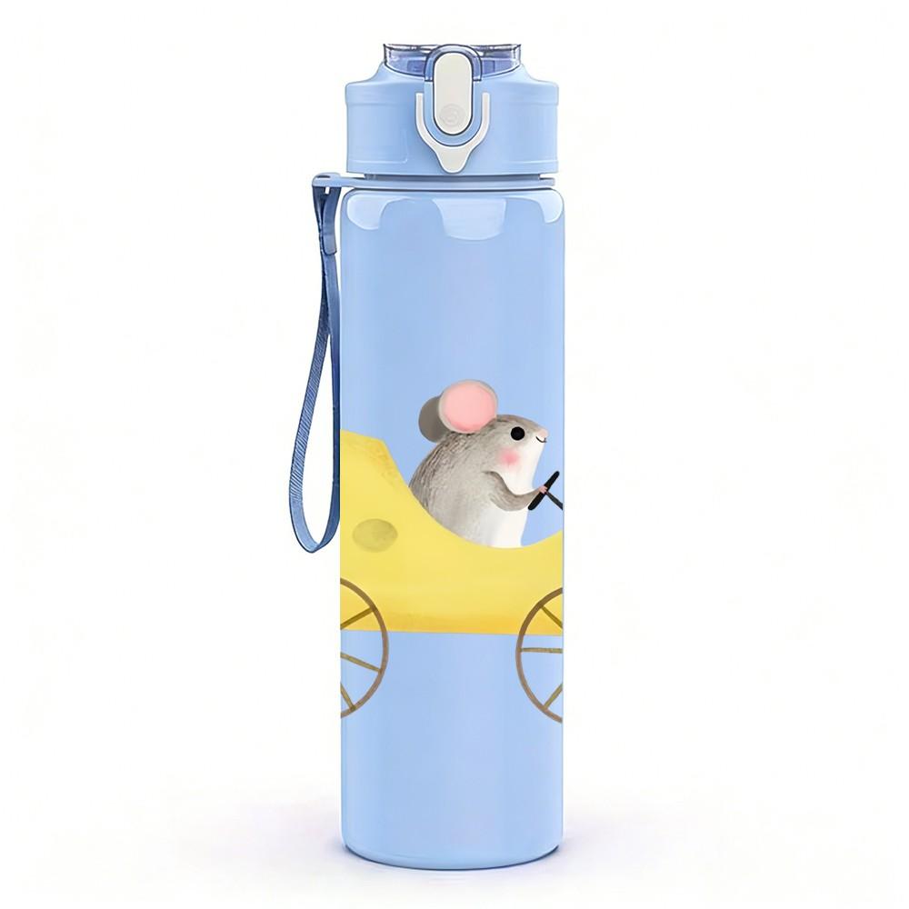 1PC Mouse In Cheese Cart Cartoon Print 750ml Color Plastic Sports Water Bottle Leakproof Flip Straw Lid Suitable for Sports Office Home Use