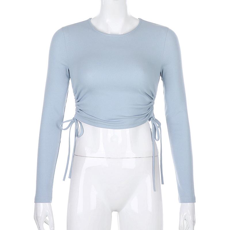 Сексуальные облегающие укороченные топы с круглым вырезом и длинными рукавами, осенняя женская трикотажная однотонная футболка с нерегулярной завязкой на шнурке
