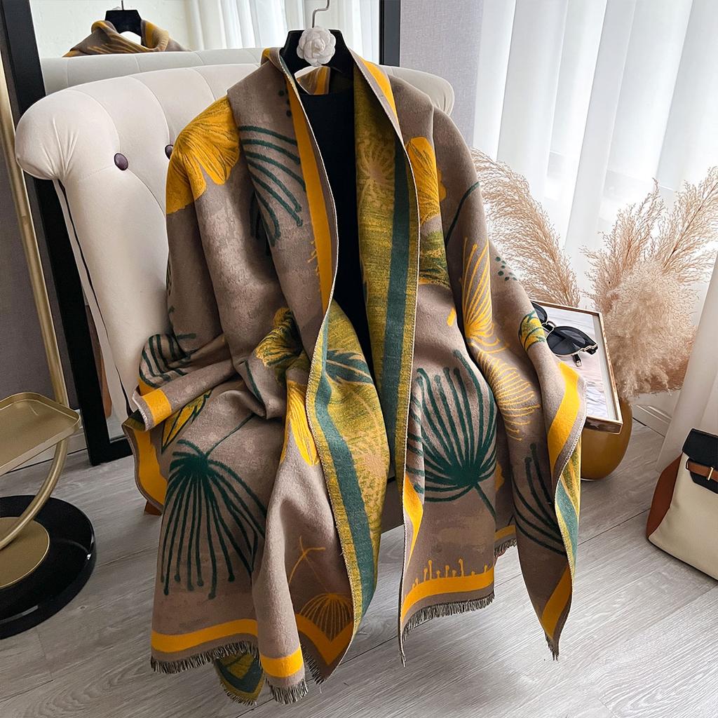 Winter New Luxury Women's Two-Sided Faux Cashmere Floral Print Scarf Thick Warm Soft Shawl Muffler Neckerchief Outdoor