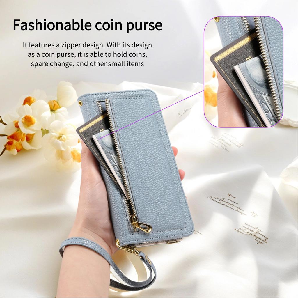 ESEBLE E11 For iPhone 14 Pro Max Case Zipper Pocket Litchi Texture Leather Phone Cover with Mirror and Wrist Strap