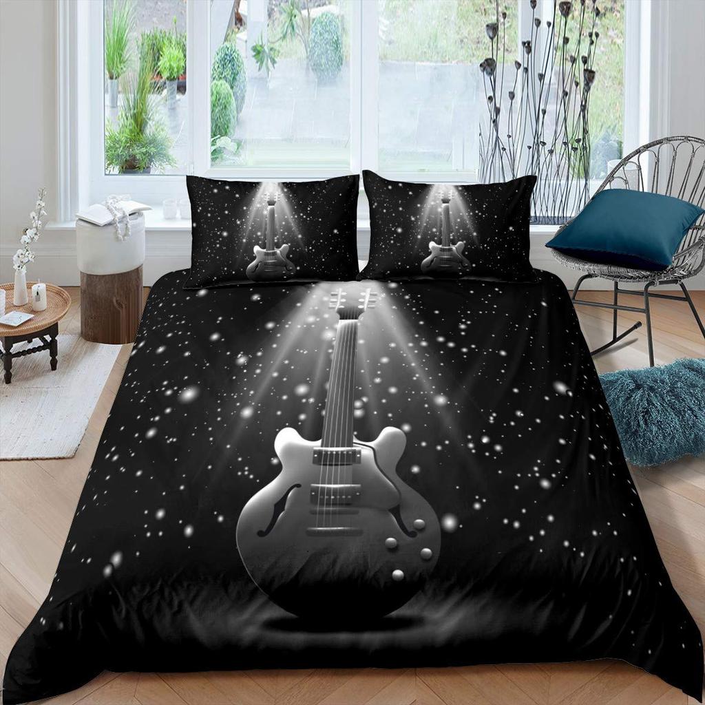 Guitar Duvet Cover Set Music Theme Bedding For Teens Microfiber Vintage Grey Guitar On Wooden Floor Quilt Cover Queen King Size
