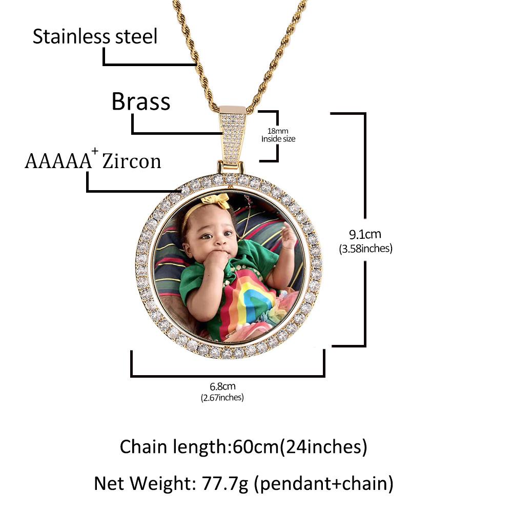 Custom Big Size Double Side Round Disc Photo Picture Frame Rotatable Memory Pendant Necklace for Women Men Anniversary Gift