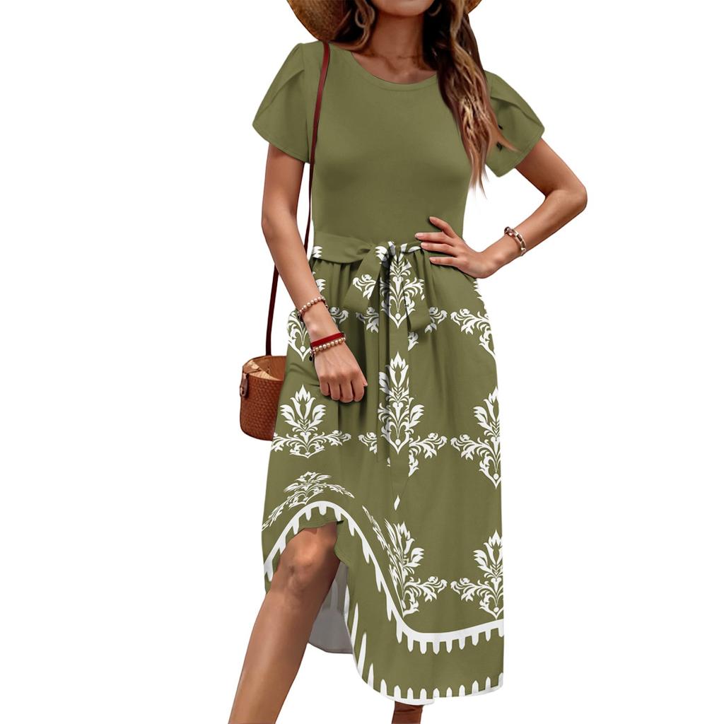 Women's Casual Cute Pattern Print Round Neck Midi Dress Basic Classic Outdoor Everyday Short Sleeve Loose Dress