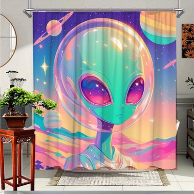 1 шт. Цветная космическая шторка для душа с инопланетянами - Яркий космический дизайн с планетами и звездами, Прочная полиэстеровая ткань, 70,8x70,8 дюймов