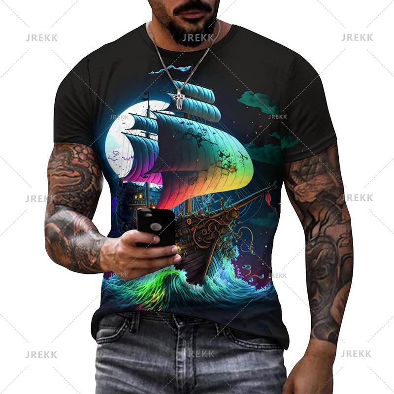 Summer Mens T Shirts Casual Loose T-shirt Sail Boat Pirate Ship 3D Printed O Neck Short Sleeve T Shirt Homme Oversized Quality