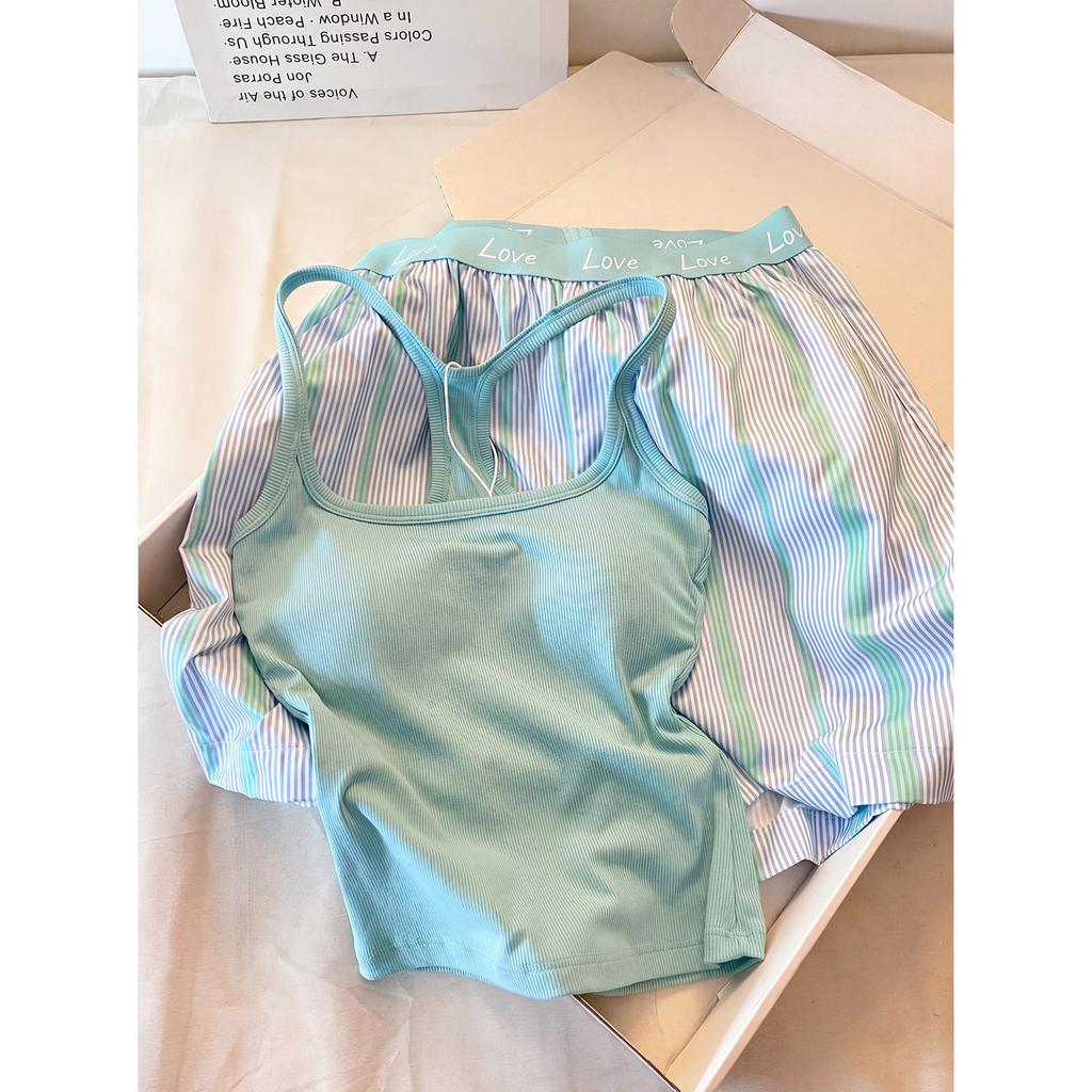 Summer pajamas with chest pads women's 1011 new Korean version can be worn outside striped shorts loungewear large size suit