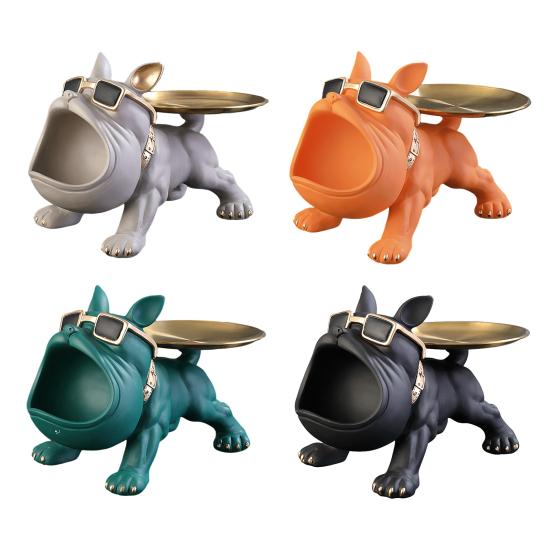 French Bulldog Figurine Key Storage Tray Big Mouth Sunglasses Dog Resin Statue Jewelry Trinket Keys Container Box Animal Desktop Decoration Ornament