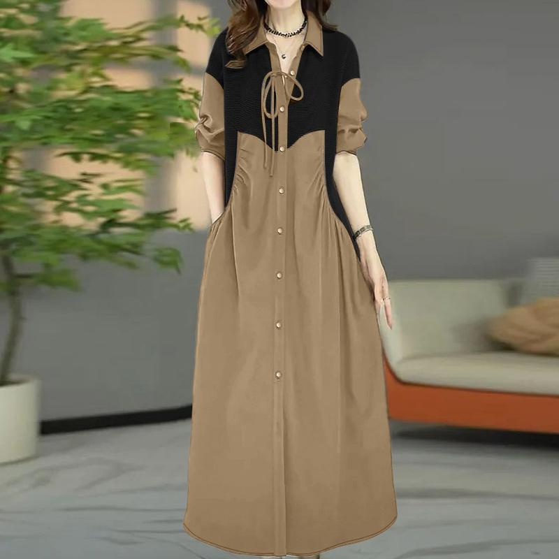 ZANZEA Женское повседневное платье свободного кроя с длинными рукавами и отложным воротником, в стиле пэчворк