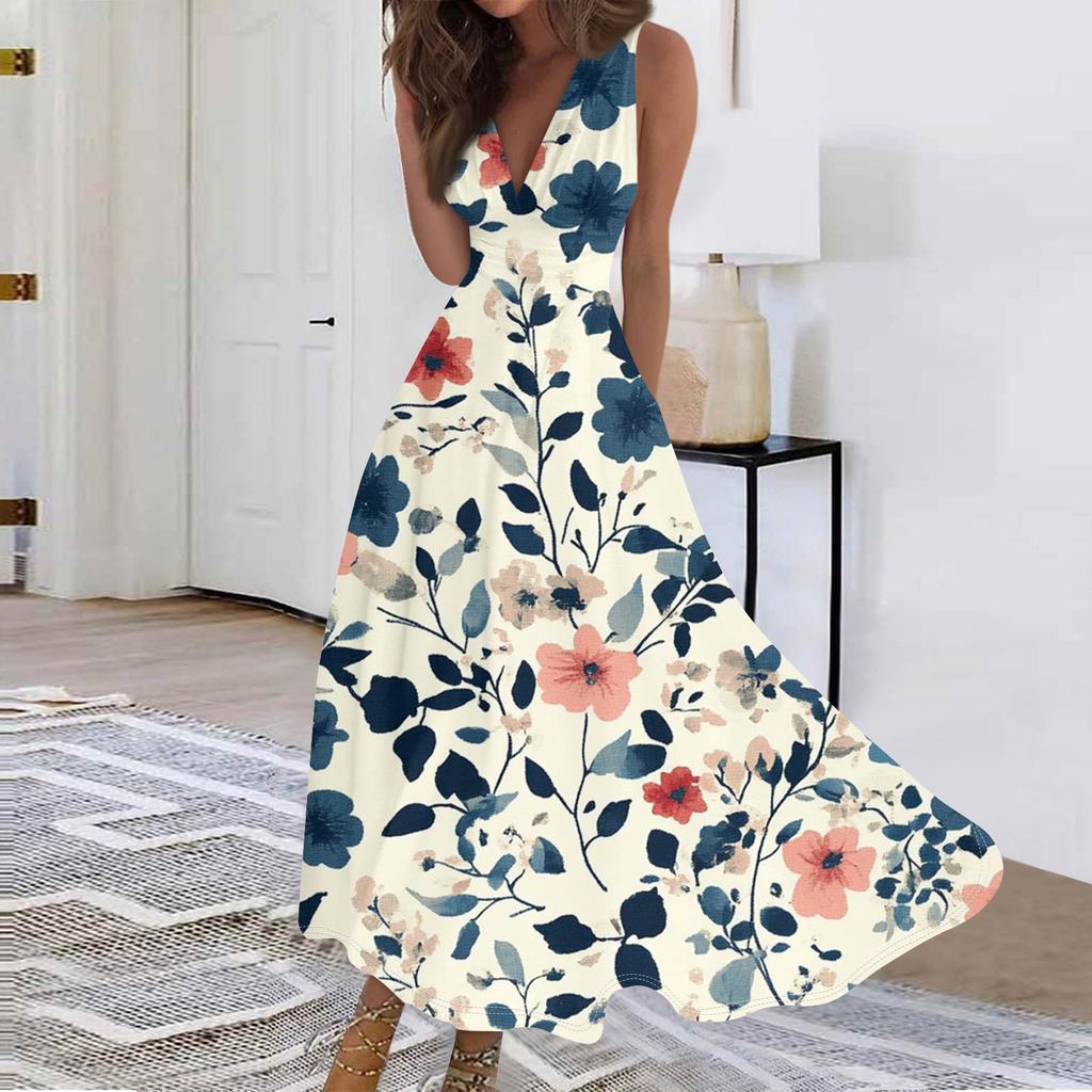 Женские модные повседневные свободные платья с V-образным вырезом без рукавов с принтом