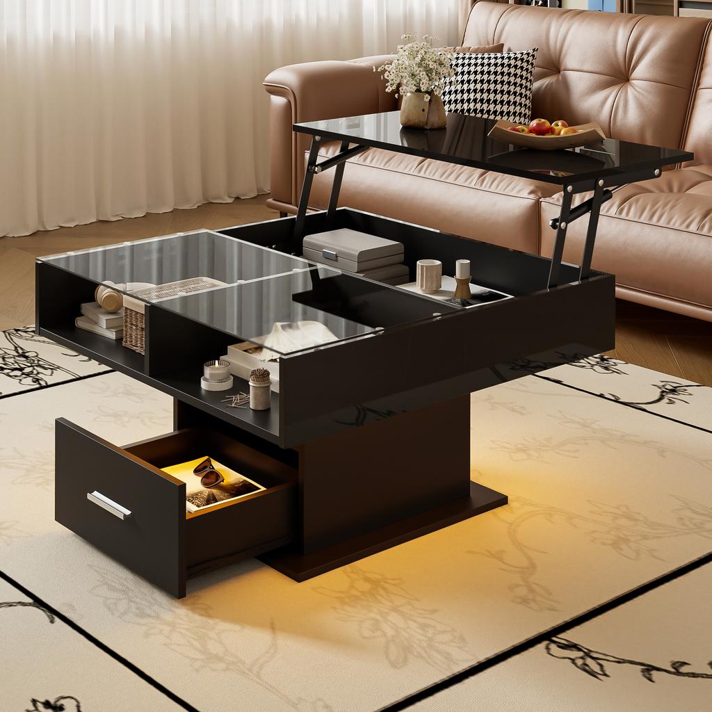 Multifunctional High-Gloss Lift Coffee Table with LED Lighting, Adjustable Height & Flexible Storage for Living Room, Office & Small Apartments