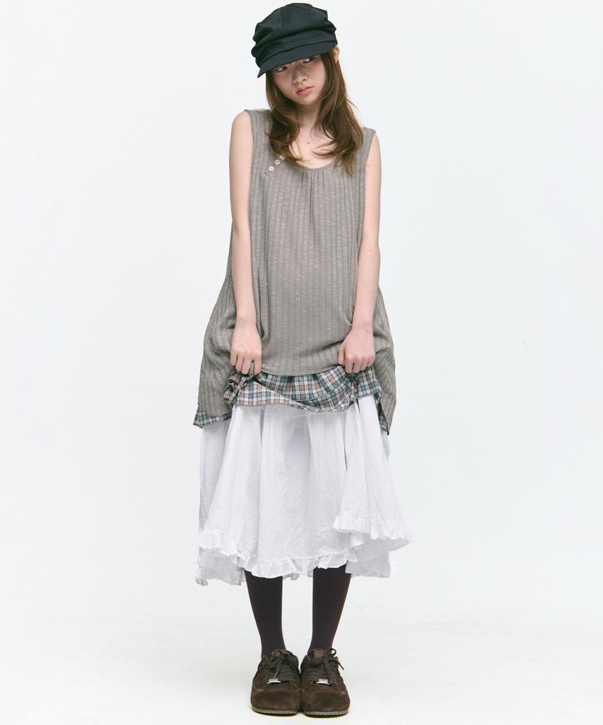 Some Place Check Layered Flower Snap Point Shirred Sleeveless Mini Flare Dress [Beige]
