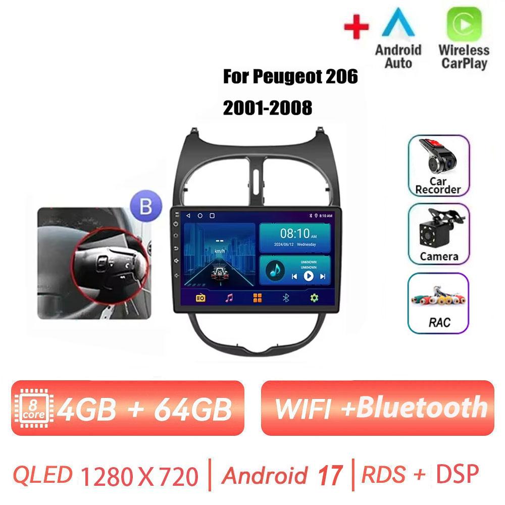Android 17 pour PEUGEOT 206 206CC 206SW 2001 - 2016 Radio de voiture multimédia automobile sans fil Carplay Accessoires Écran de voiture