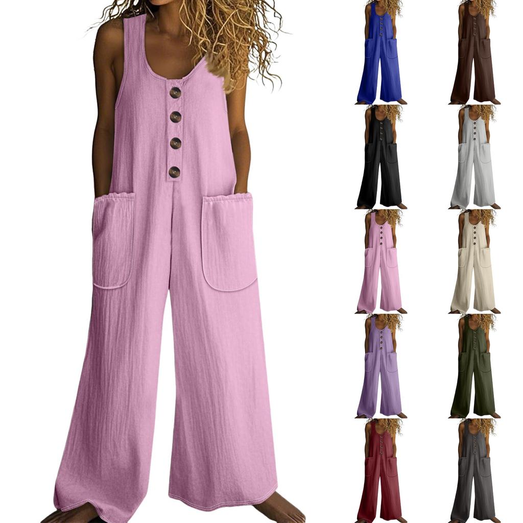 Women's Fashion Casual Button-down Sleeveless Jumpsuit Solid Color Cotton Pocket Jumpsuit