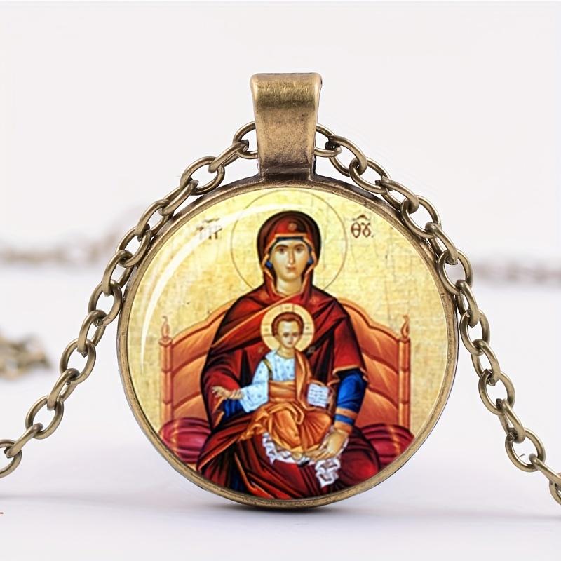 Vintage Jesus Virgin Mary Necklace Time Gemstone Glass Alloy Material Necklace