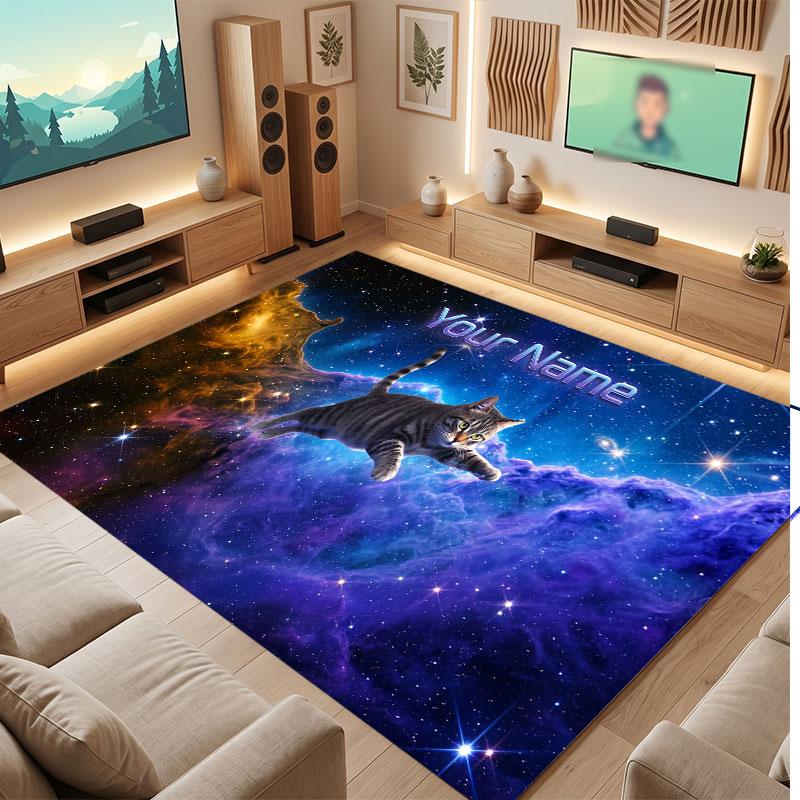 Cat Theme Crystal Velvet Floor Rug Personalized Custom Name Text Warm Carpet Home Decoration