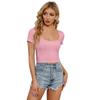 Y2K Short Sleeve Square Neck T-Shirt Women Slim Stretch Solid Color Top