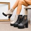 Super High Heel Booties Fashion Round Toe Lace-Up Front Metal Buckle Platform Non-Slip Block Heels