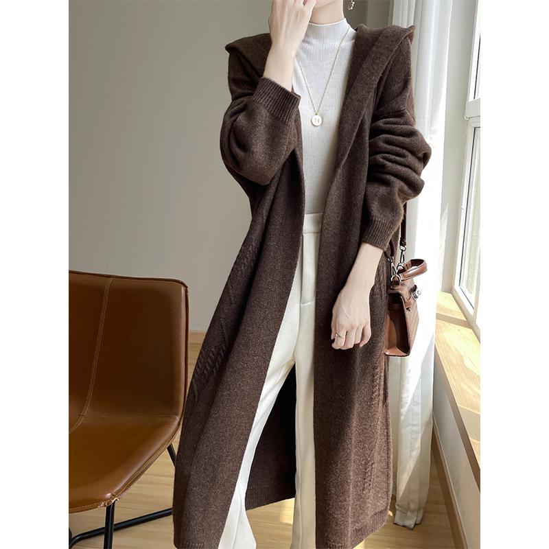 Women's Hooded Over-the-Knee Wool Knitted Cardigan - Thick, Loose, Buttonless Outerwear for Autumn/Winter
