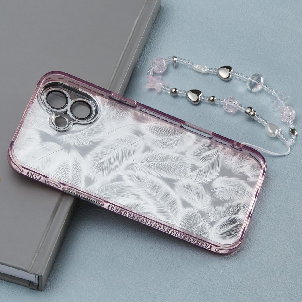 For iPhone 16 Case Butterfly Kickstand PC+TPU IMD Phone Cover with Lens Film / Beaded Strap - Feather Pattern / Pink