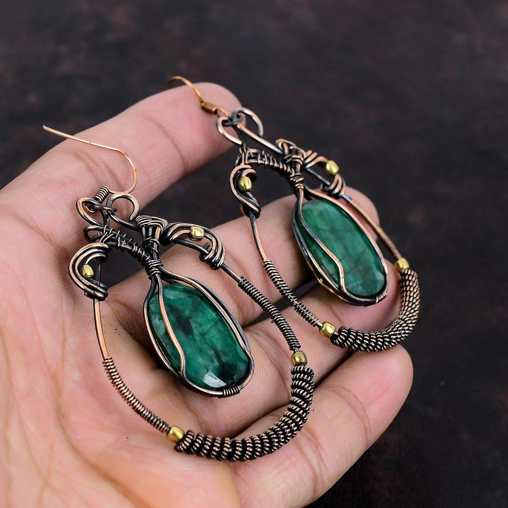 Граненые серьги с замбийским изумрудом, серьги из медной проволоки, стильные серьги, драгоценные камни, медные украшения, свадебный подарок, антикварные серьги ручной работы