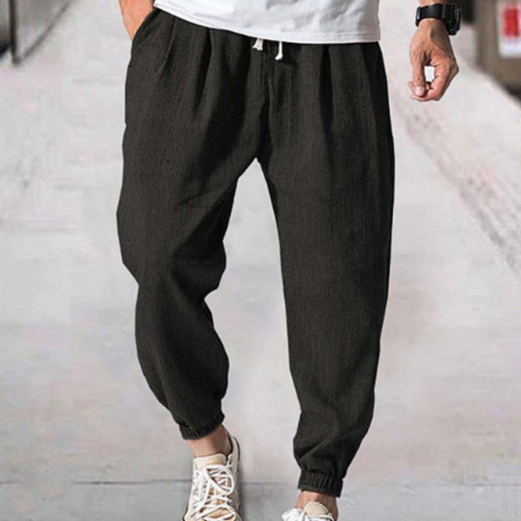 Men's Linen-Cotton Casual Trousers - Elastic Waist Drawstring, Breathable, Ankle-Cuffed Solid Color Pants