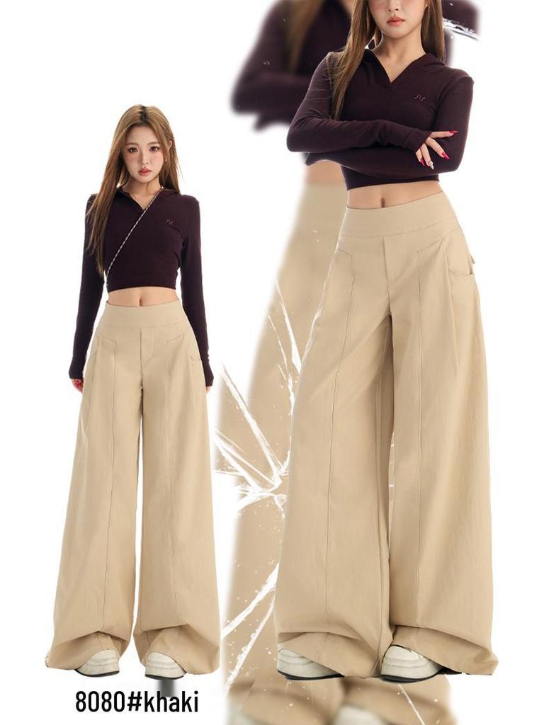2025 Women's Autumn Khaki Wide-Leg Casual Drapey Floor-Length Pants