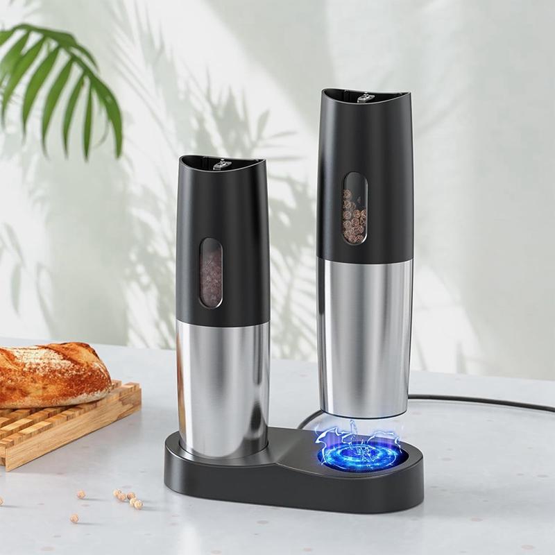 Электрическая мельница для соли и перца, набор, черная и серебристая, автоматическая мельница для перца, регулируемая степень помола, светодиодная подсветка