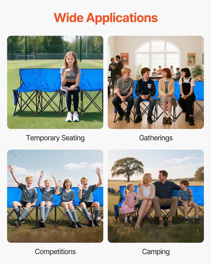 Portable Folding Bench, 8 Seat Foldable Soccer Bench with Side Pockets and Carrying Bag, Lightweight Sideline Seating with Back Rest for Football,