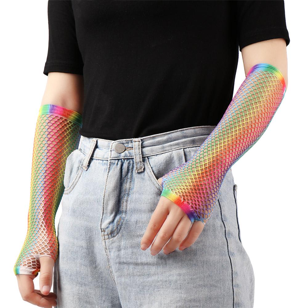 New Wedding Party Colorful Fingerless Mesh Net Disco Dance Hollow Out Holes Gloves Rainbow
