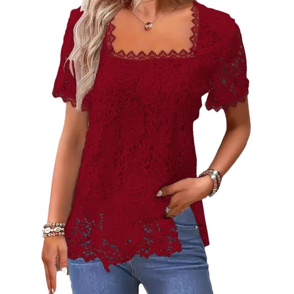 Летняя женская модная однотонная повседневная футболка с квадратным вырезом и короткими рукавами и кружевной отделкой