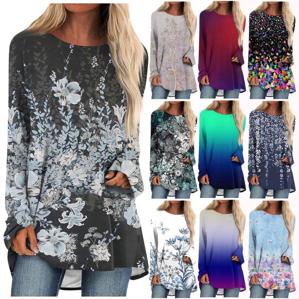 Women's Casual Fashion Floral Print Long Sleeve O-Neck Pullover Top Blouse