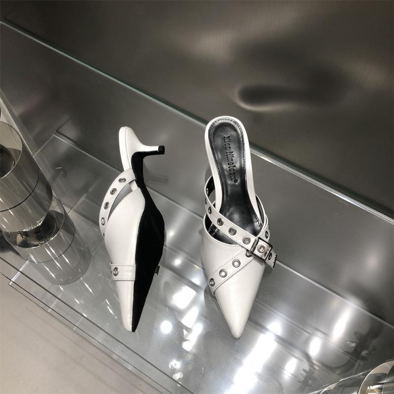 2025 Новая женская обувь на каблуках с пряжкой и ремешком Дизайнерские полутапочки с острым носком Женские туфли-лодочки Женские свадебные туфли на высоком каблуке