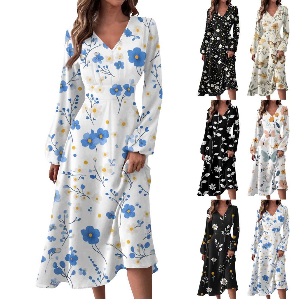 Women's Casual Fashion V-Neck Long Sleeve Floral Print Long Dress