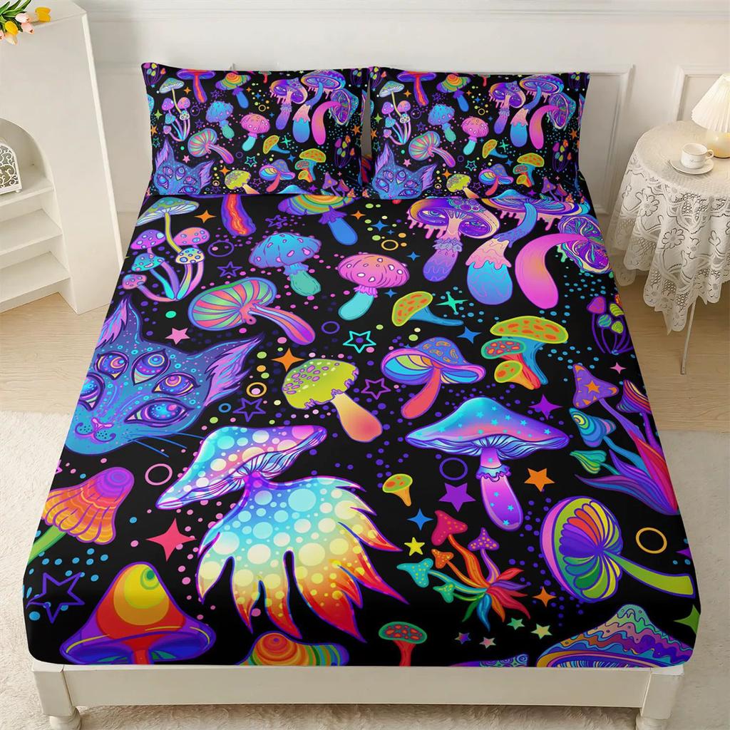 Psychedelic Mushroom Fitted Sheet Set, Psychedelic Bed Cover with Pillowcase, Colorful Bedding Set 2pcs for Kids Girls Adult