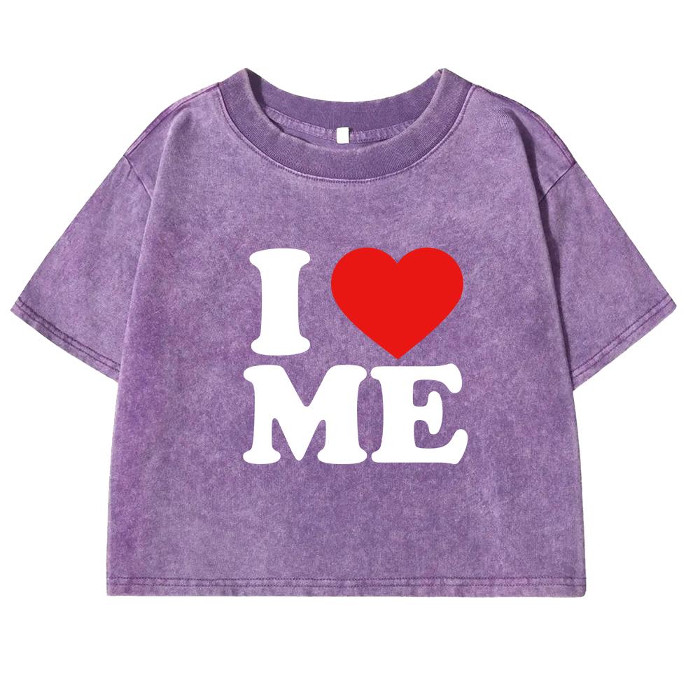 I Love You Red Heart Printing Retro Tee Shirt Women Washed Short Sleeve Cotton Street Clothing All-Match T Shirts