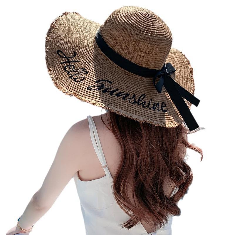 Hat female summer seaside sunshade sun hat Korean bow ribbon large brim sun protection straw hat female
