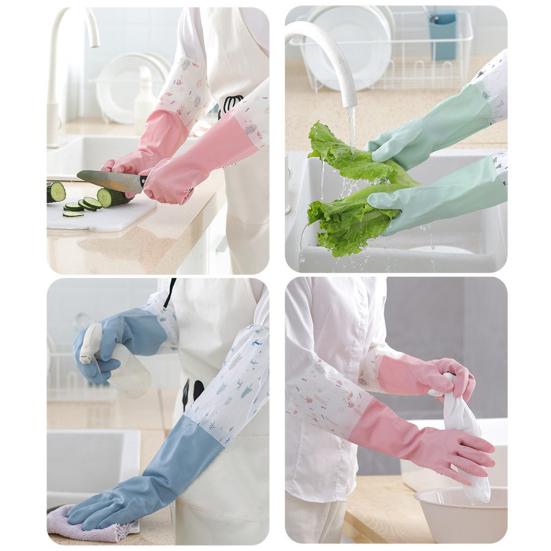 1 Pair Dishwashing Gloves Waterproof Reusable Gloves Patchwork Color Elastic Long Cuffs Household Cleaning Gloves