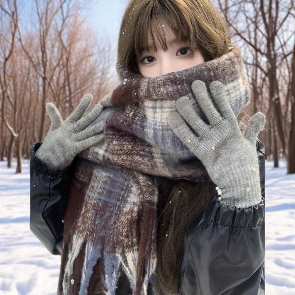 Mohair Winter Cashmere Scarves Tassel Long Shawl Retro Plaid Wool Scarf Girl