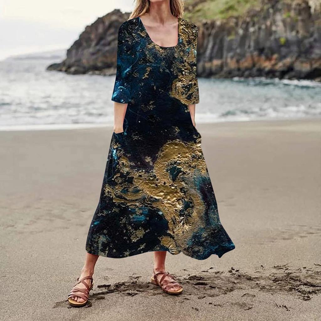 Женское повседневное модное удобное платье с карманами и рукавами 3/4 с принтом