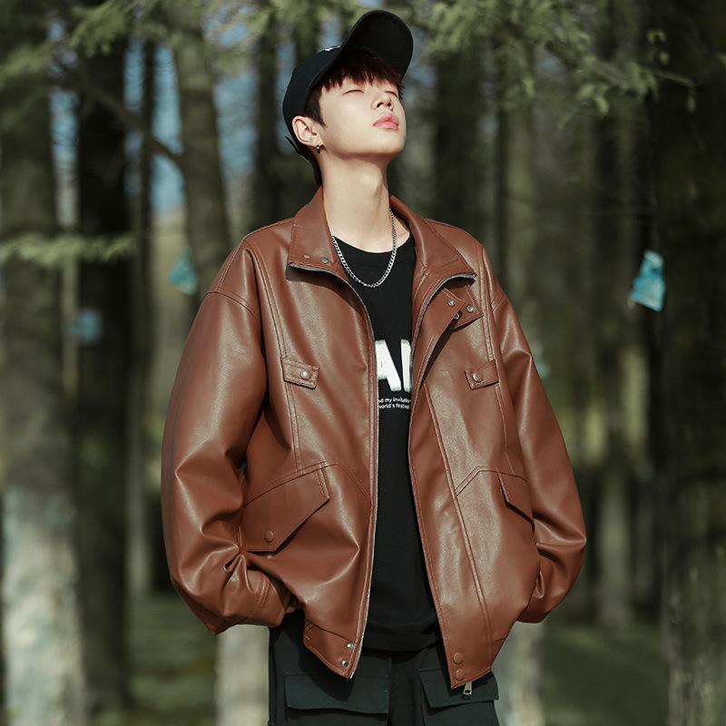 Осенняя новая кожаная куртка мужская в гонконгском стиле, свободная повседневная спортивная куртка однотонная с лацканами, мужская тенденция