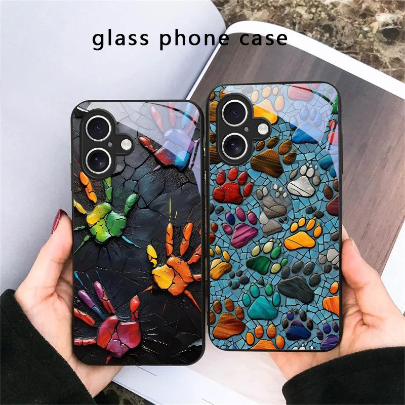 Каменная накладка с отпечатком лапы животного для iPhone 17 Air 16 E 15 Plus 14 Pro Max 13 12 mini 11 5 6 7 8 Plus XR XS Max SE Черный стеклянный чехол для телефона