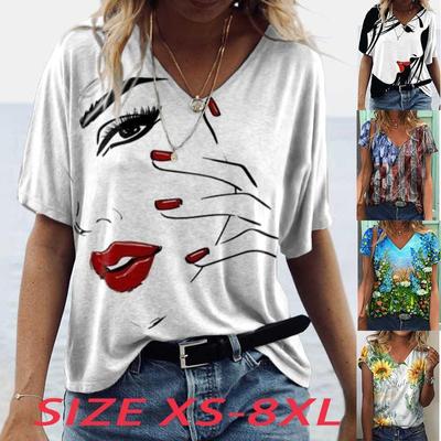 Женские топы с v-образным вырезом и короткими рукавами, красивые топы с принтом, свободная футболка, повседневная блузка