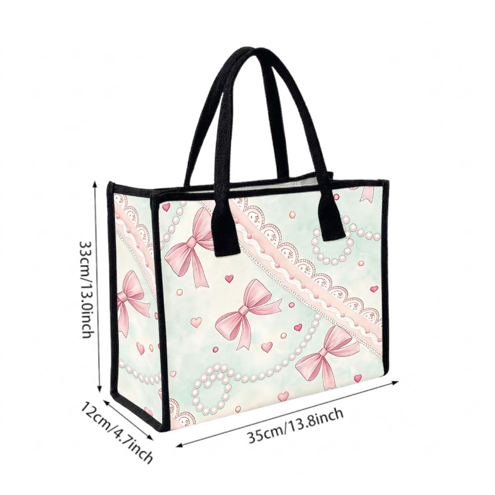 Cute Pink Bow Pattern Tote Bag Casual Daily Shoulder Bag for Ladies Shopping