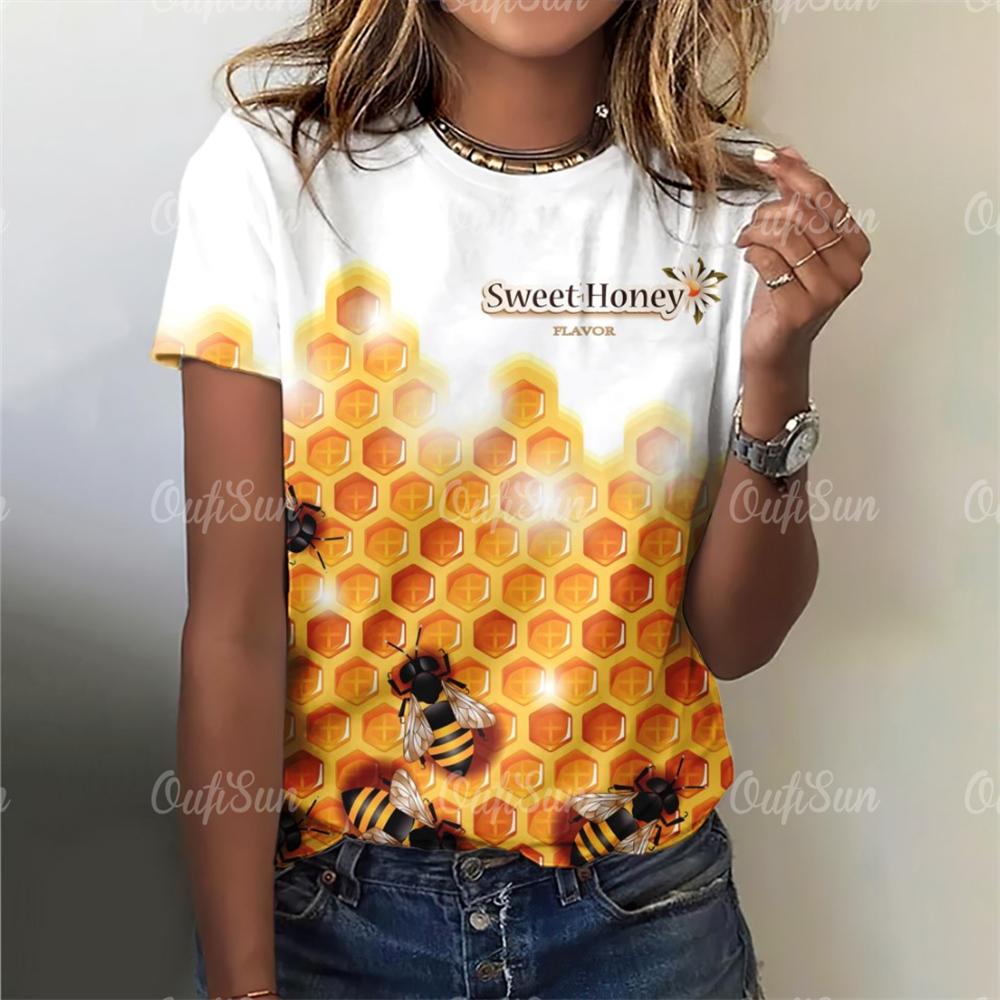 2025 Модные женские футболки, блузки с принтом пчелы, топы для женщин, базовые повседневные женские футболки с принтом, свободная женская одежда