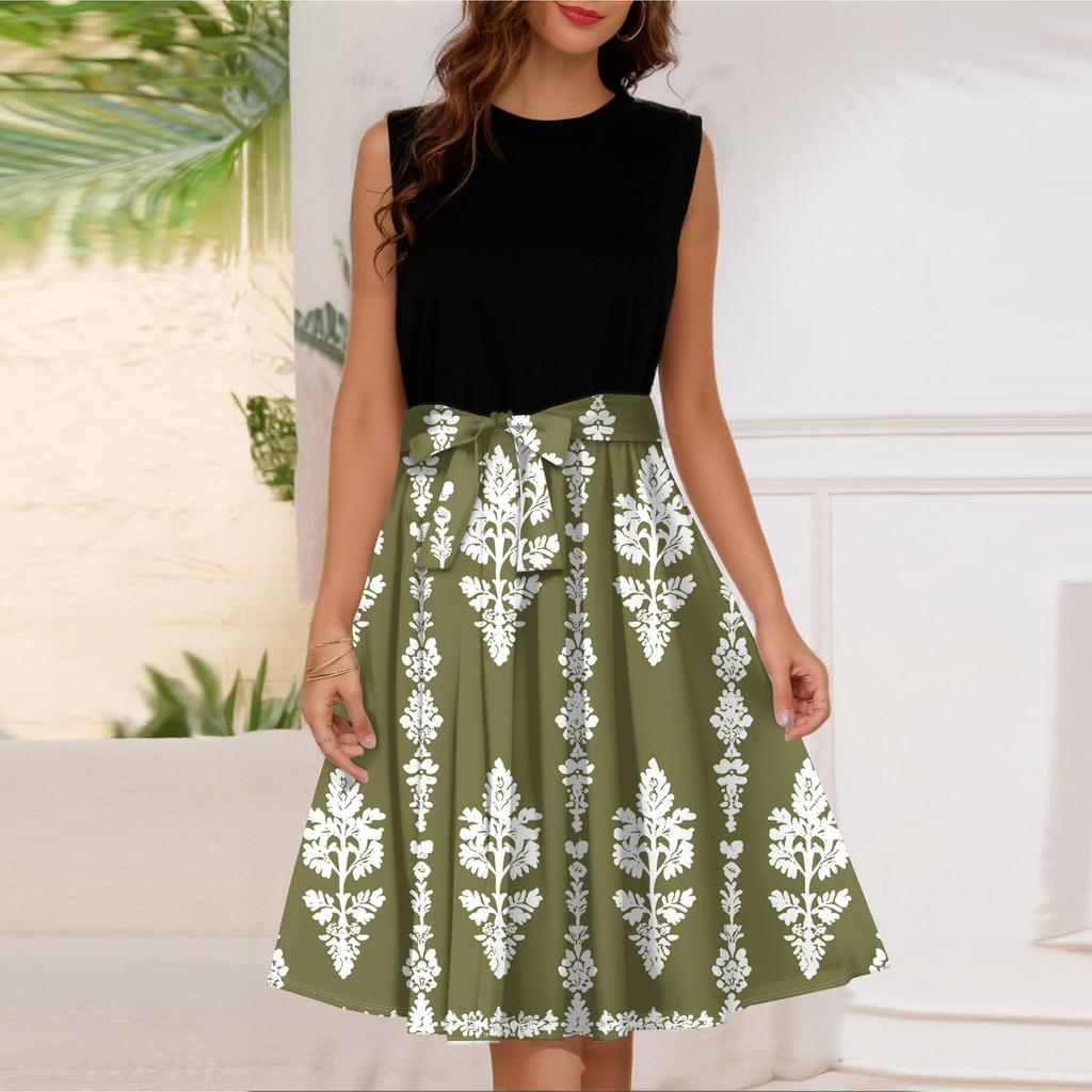 Женское модное повседневное короткое платье без рукавов со шнуровкой и круглым вырезом