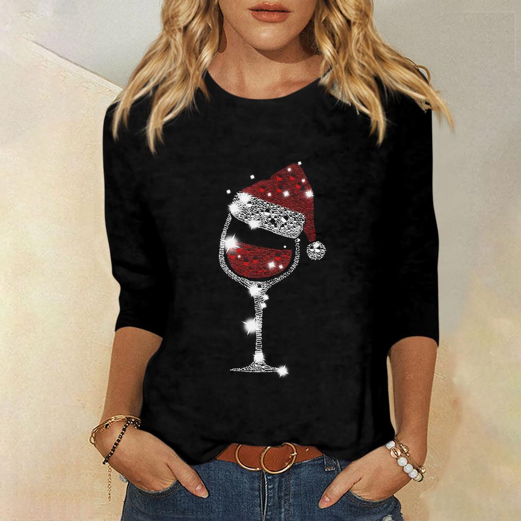 Women's Fashion Casual Round Neck 3/4 Sleeve Loose Christmas Printed T-Shirt Ladies Top